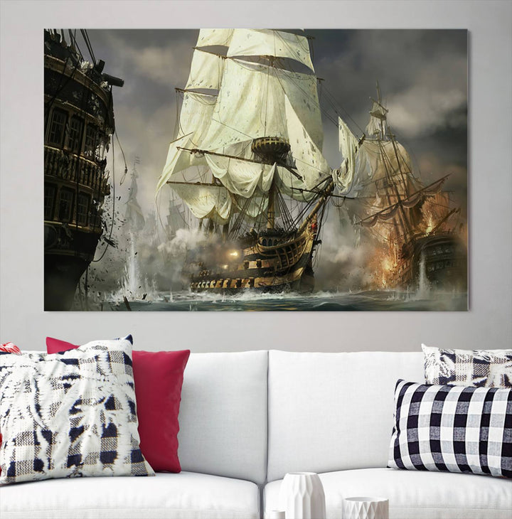 Pirate Ship Battle Canvas Wall Art Print - Pirates of the Caribbean Sailing Ship Nautical Print for Living Room, Large Pirate Ship Wall Art Decor