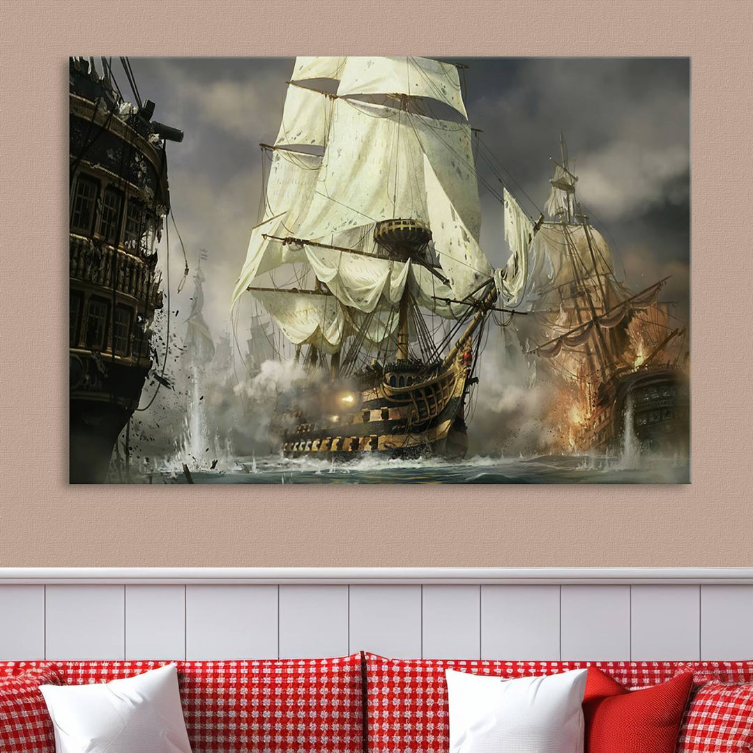 Pirate Ship Battle Canvas Wall Art Print - Pirates of the Caribbean Sailing Ship Nautical Print for Living Room, Large Pirate Ship Wall Art Decor