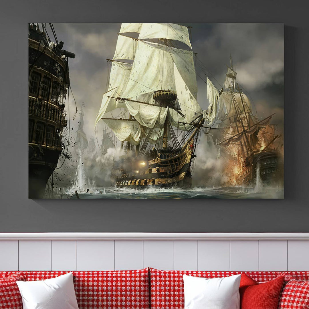 Pirate Ship Battle Canvas Wall Art Print - Pirates of the Caribbean Sailing Ship Nautical Print for Living Room, Large Pirate Ship Wall Art Decor