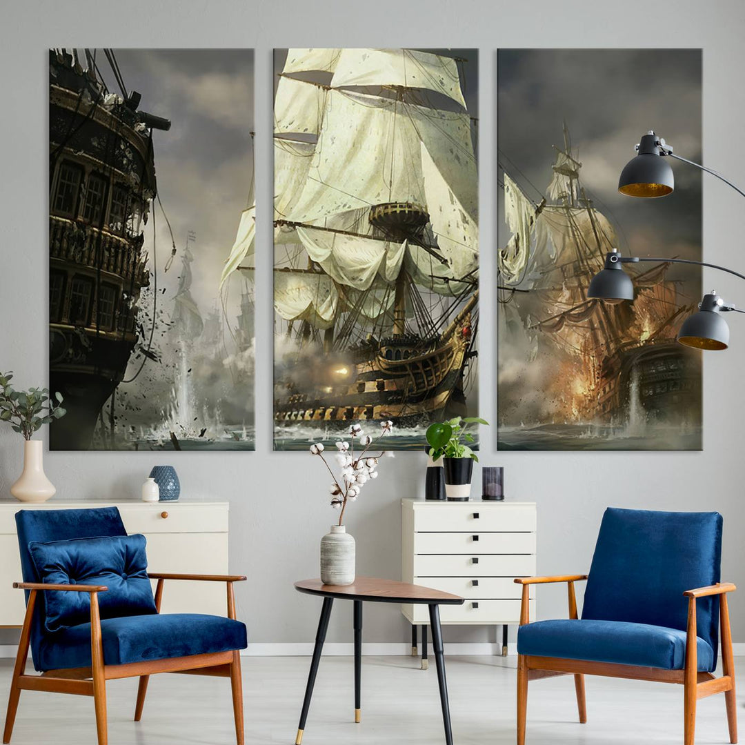 Pirate Ship Battle Canvas Wall Art Print - Pirates of the Caribbean Sailing Ship Nautical Print for Living Room, Large Pirate Ship Wall Art Decor