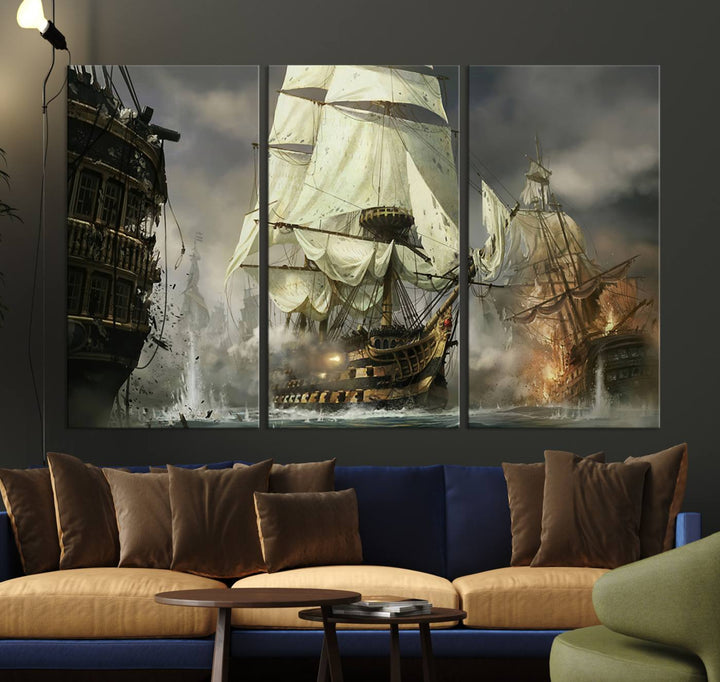 Pirate Ship Battle Canvas Wall Art Print - Pirates of the Caribbean Sailing Ship Nautical Print for Living Room, Large Pirate Ship Wall Art Decor