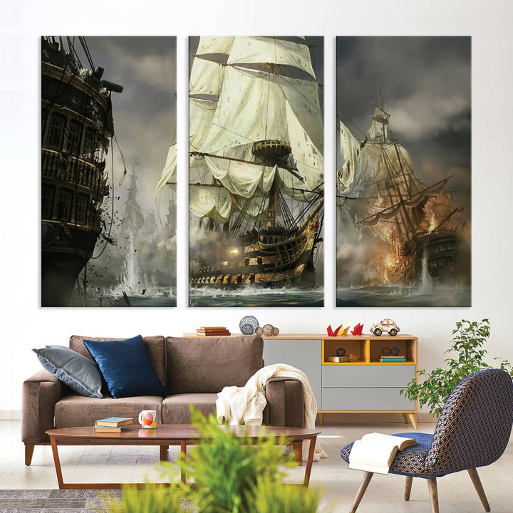 Pirate Ship Battle Canvas Wall Art Print - Pirates of the Caribbean Sailing Ship Nautical Print for Living Room, Large Pirate Ship Wall Art Decor