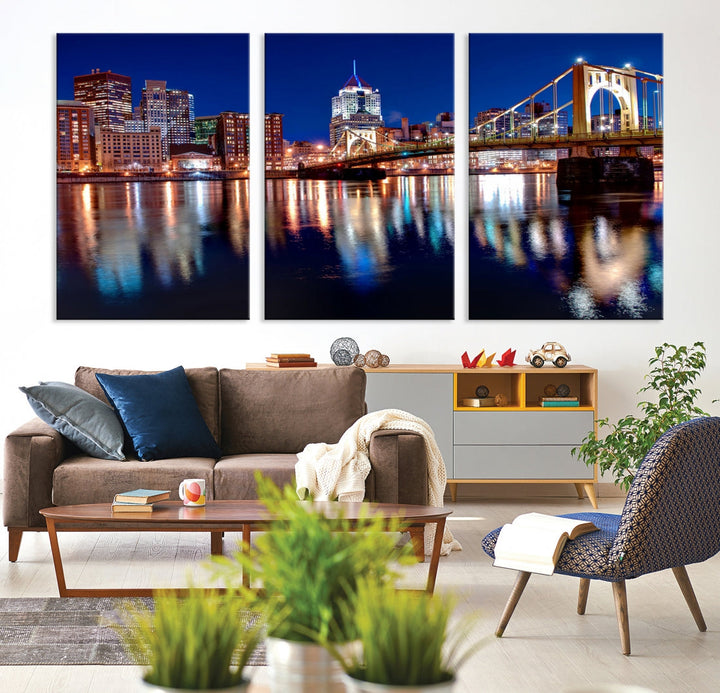 Pittsburgh City Canvas Wall Art Pittsburgh Skyline Canvas Art Large Wall Art Cityscape Art City Night Canvas