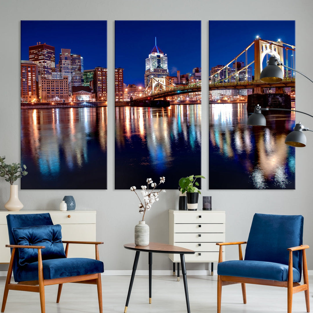 Pittsburgh City Canvas Wall Art Pittsburgh Skyline Canvas Art Large Wall Art Cityscape Art City Night Canvas