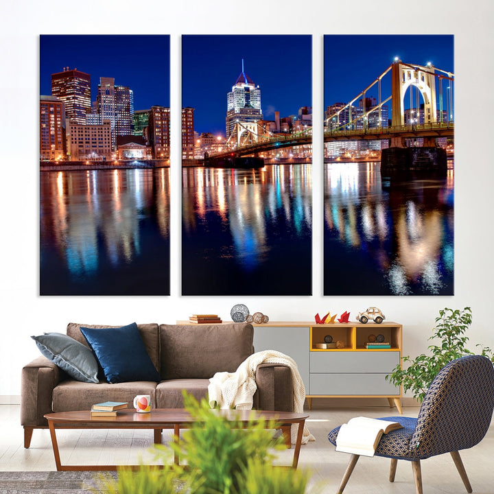 Pittsburgh City Canvas Wall Art Pittsburgh Skyline Canvas Art Large Wall Art Cityscape Art City Night Canvas