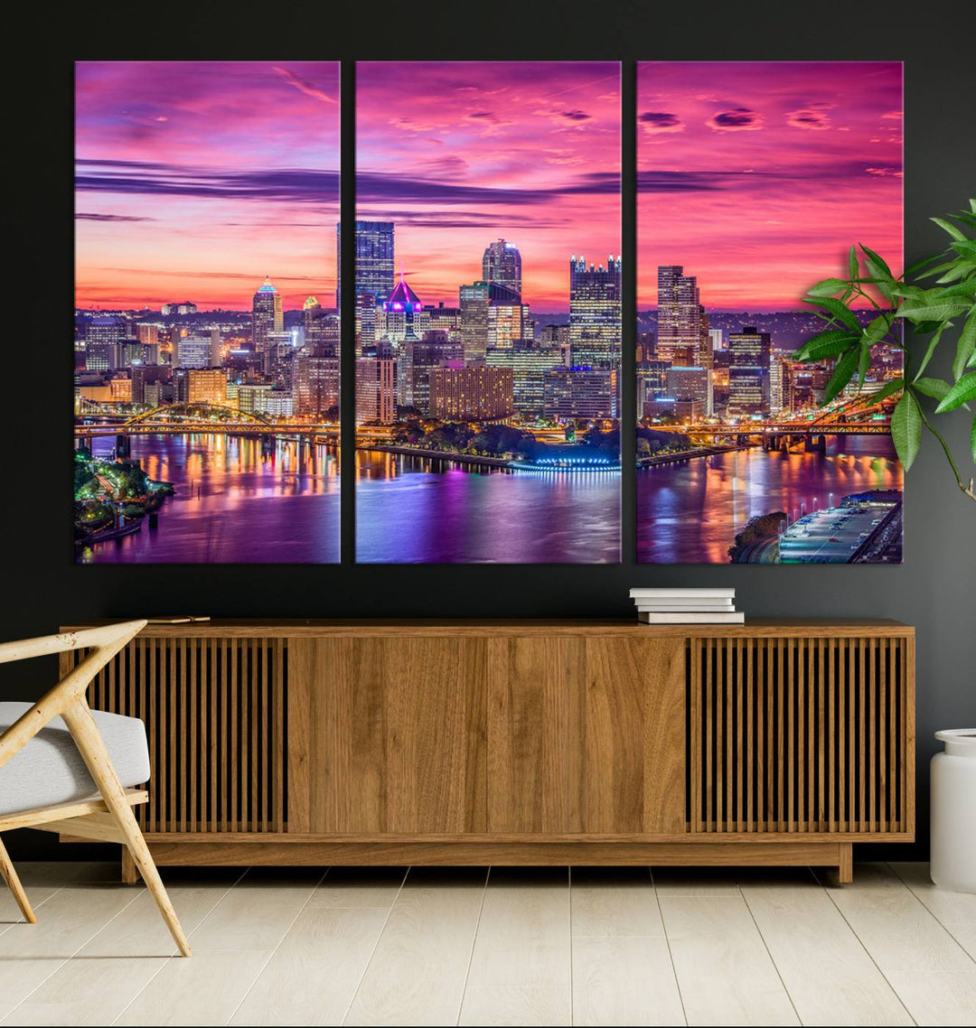 Pittsburgh Skyline Wall Art pink sky sunset cityscape Canvas Print Pennsylvania wall decor