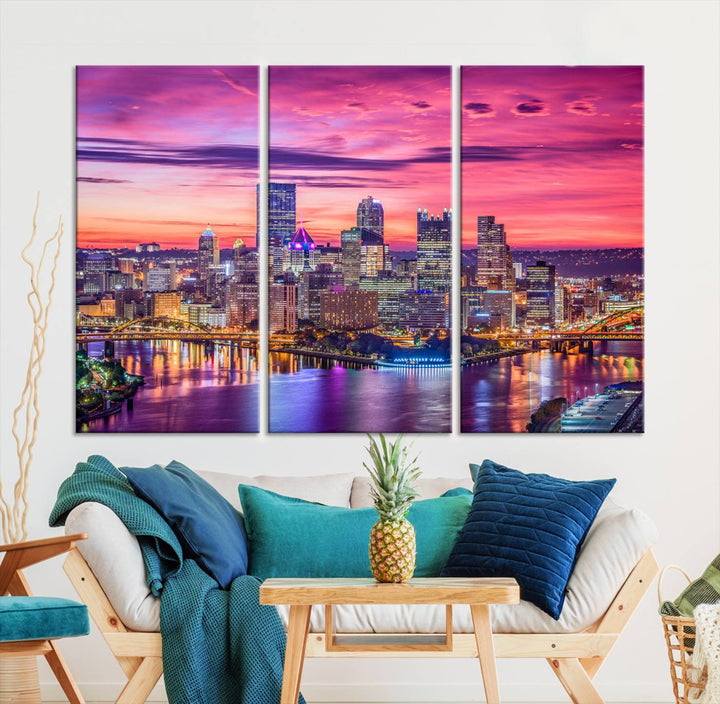 Pittsburgh Skyline Wall Art pink sky sunset cityscape Canvas Print Pennsylvania wall decor