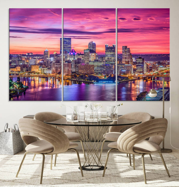 Pittsburgh Skyline Wall Art pink sky sunset cityscape Canvas Print Pennsylvania wall decor