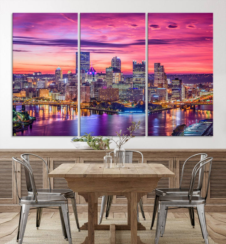 Pittsburgh Skyline Wall Art pink sky sunset cityscape Canvas Print Pennsylvania wall decor