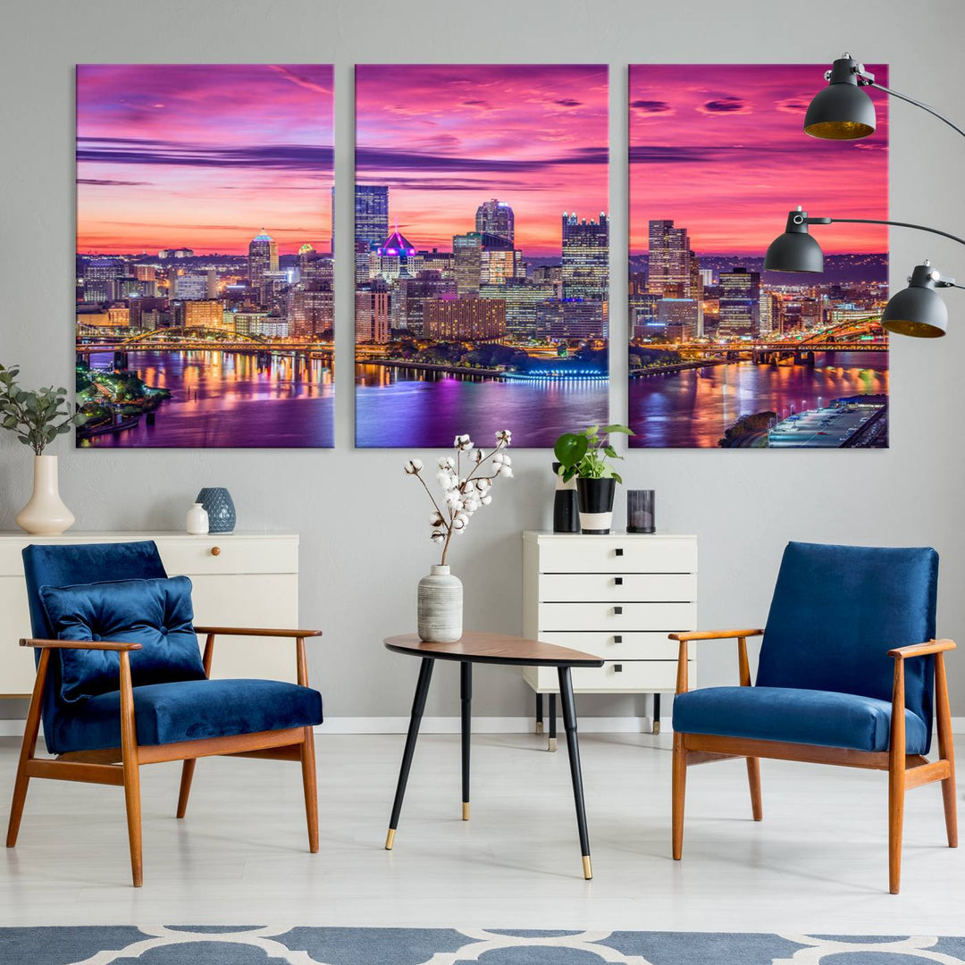 Pittsburgh Skyline Wall Art pink sky sunset cityscape Canvas Print Pennsylvania wall decor