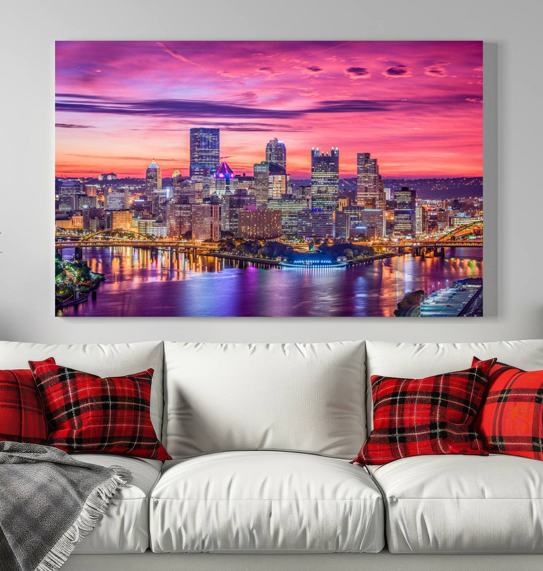 Pittsburgh Skyline Wall Art pink sky sunset cityscape Canvas Print Pennsylvania wall decor