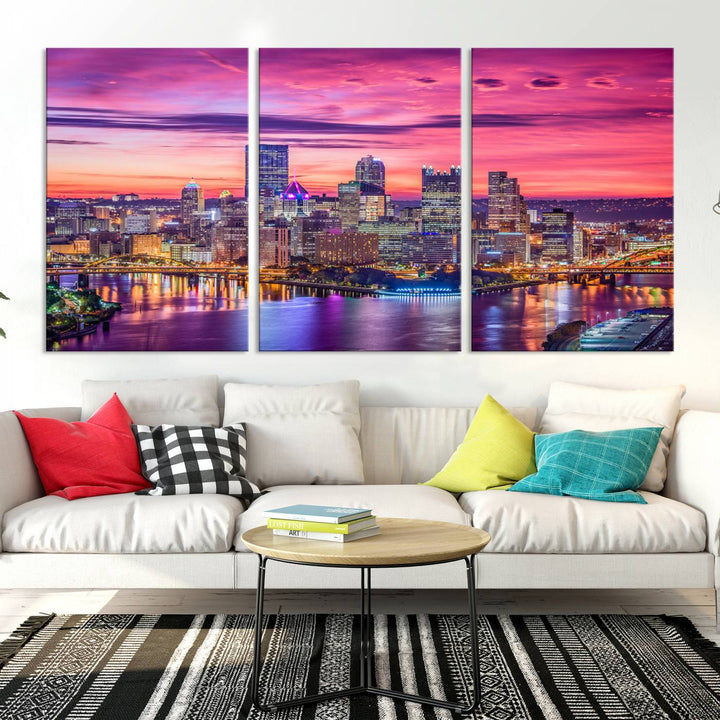 Pittsburgh Skyline Wall Art pink sky sunset cityscape Canvas Print Pennsylvania wall decor