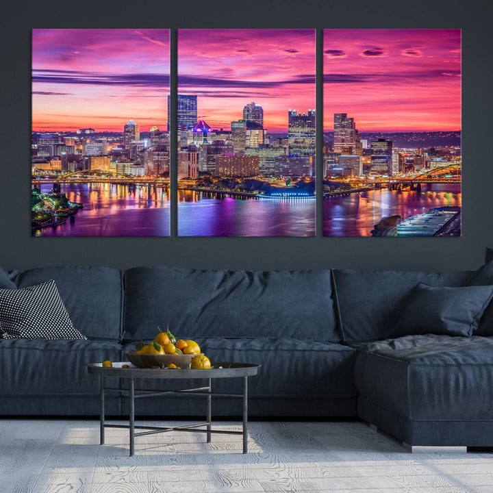 Pittsburgh Skyline Wall Art pink sky sunset cityscape Canvas Print Pennsylvania wall decor