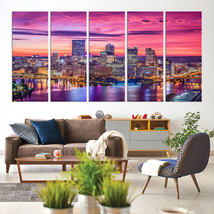 Pittsburgh Skyline Wall Art pink sky sunset cityscape Canvas Print Pennsylvania wall decor