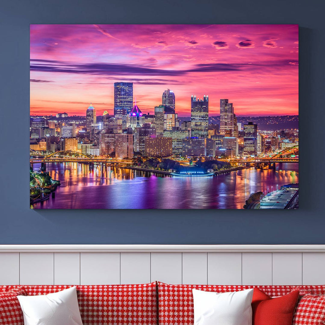 Pittsburgh Skyline Wall Art pink sky sunset cityscape Canvas Print Pennsylvania wall decor