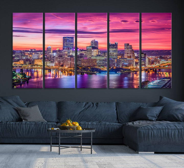 Pittsburgh Skyline Wall Art pink sky sunset cityscape Canvas Print Pennsylvania wall decor