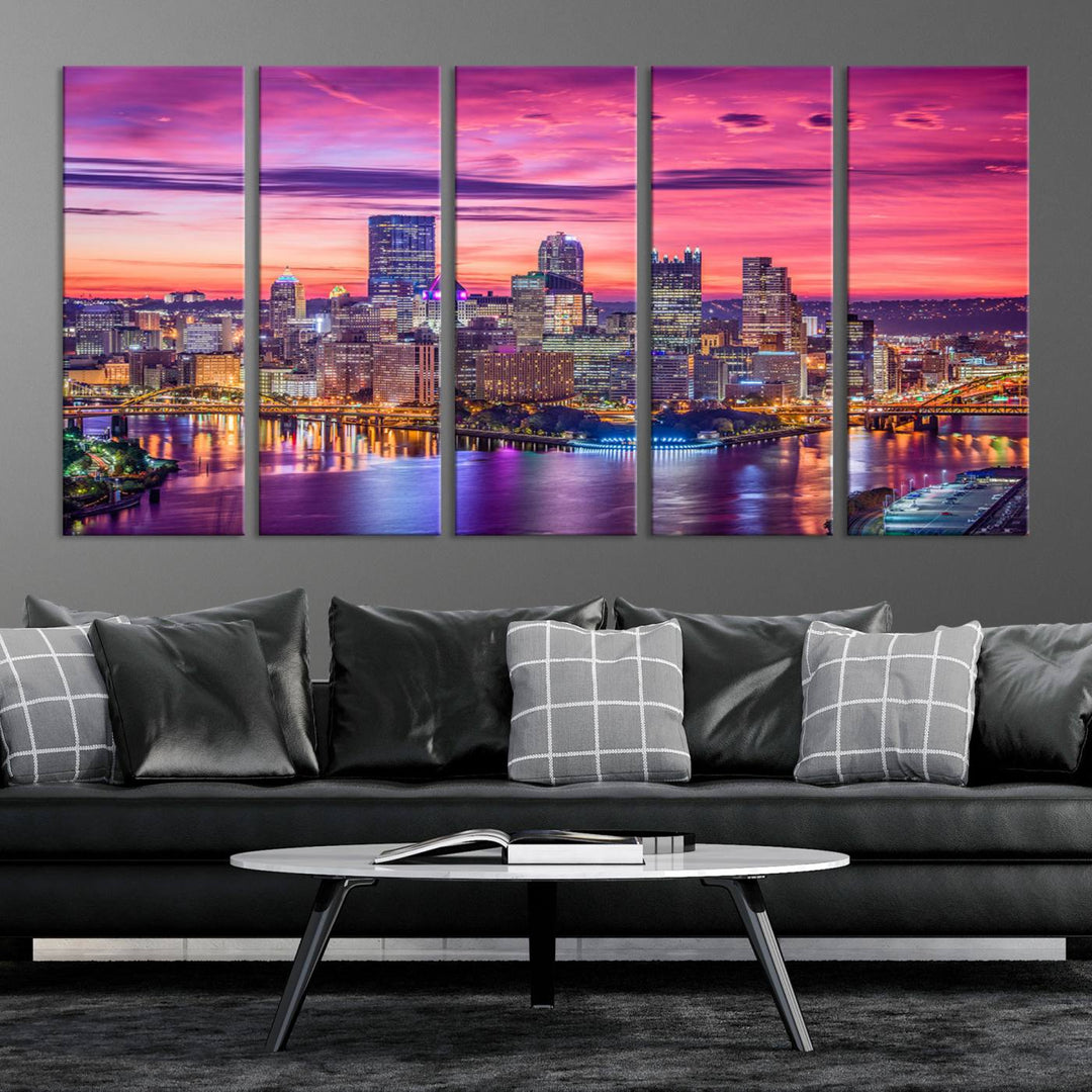 Pittsburgh Skyline Wall Art pink sky sunset cityscape Canvas Print Pennsylvania wall decor