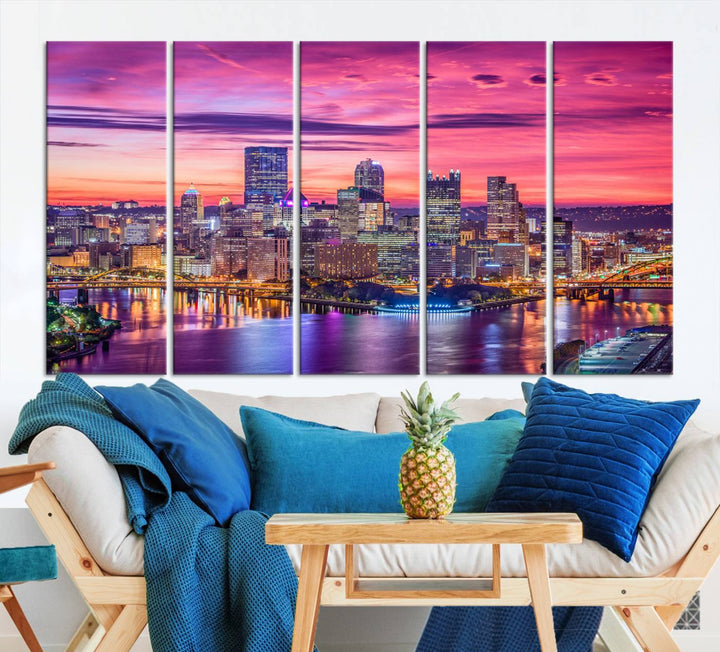 Pittsburgh Skyline Wall Art pink sky sunset cityscape Canvas Print Pennsylvania wall decor