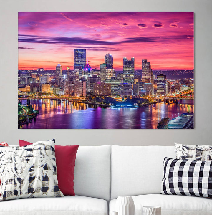 Pittsburgh Skyline Wall Art pink sky sunset cityscape Canvas Print Pennsylvania wall decor