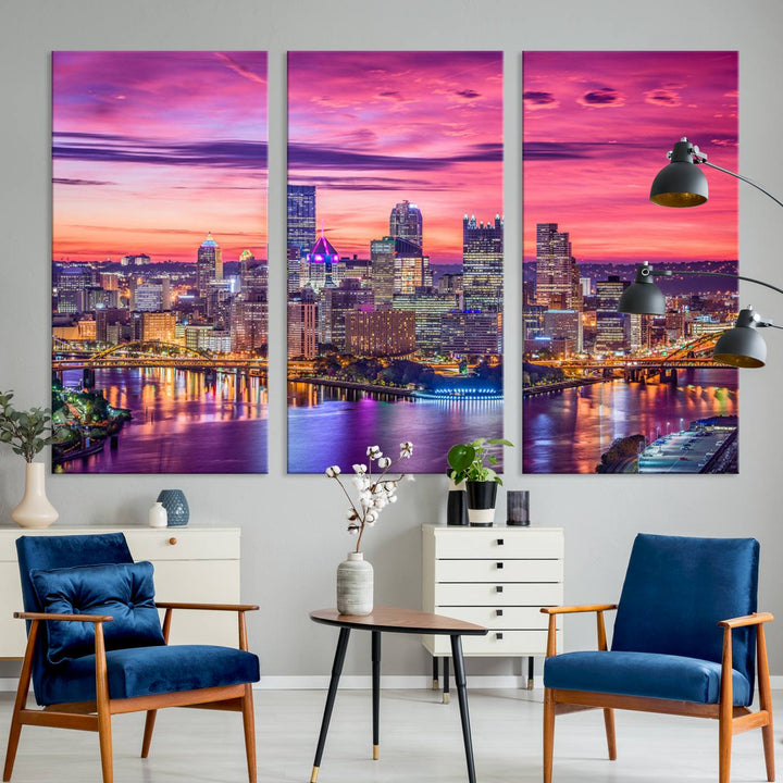 Pittsburgh Skyline Wall Art pink sky sunset cityscape Canvas Print Pennsylvania wall decor