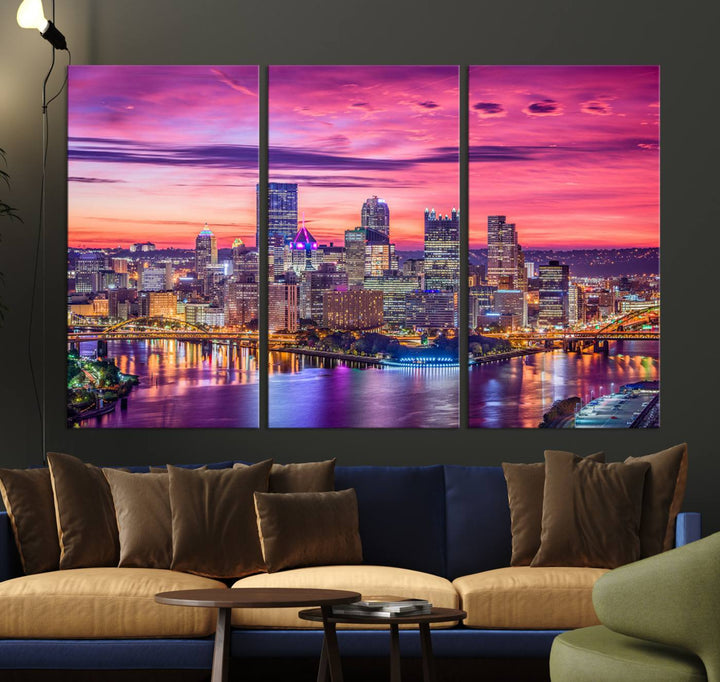 Pittsburgh Skyline Wall Art pink sky sunset cityscape Canvas Print Pennsylvania wall decor