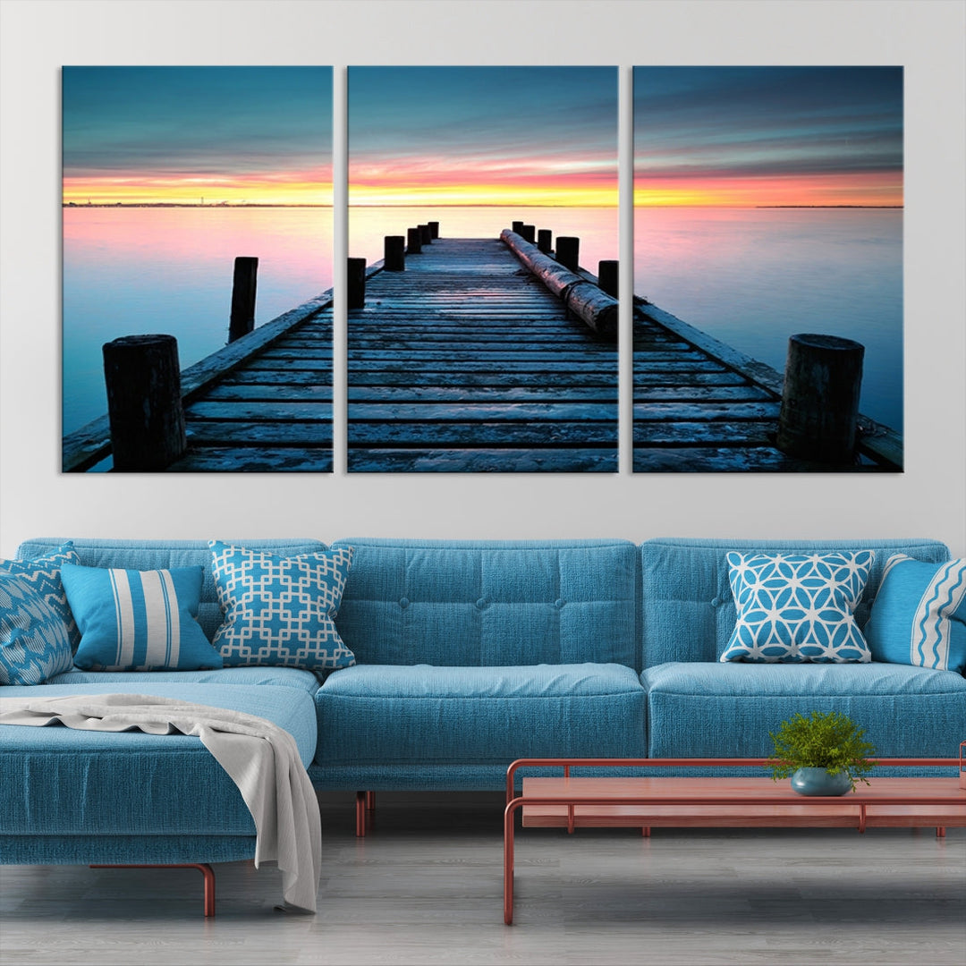 Pleasing Sunset from Vintage Wooden Pier on Canvas Extra Large Wall Art Giclee Print