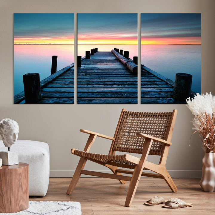 Pleasing Sunset from Vintage Wooden Pier on Canvas Extra Large Wall Art Giclee Print