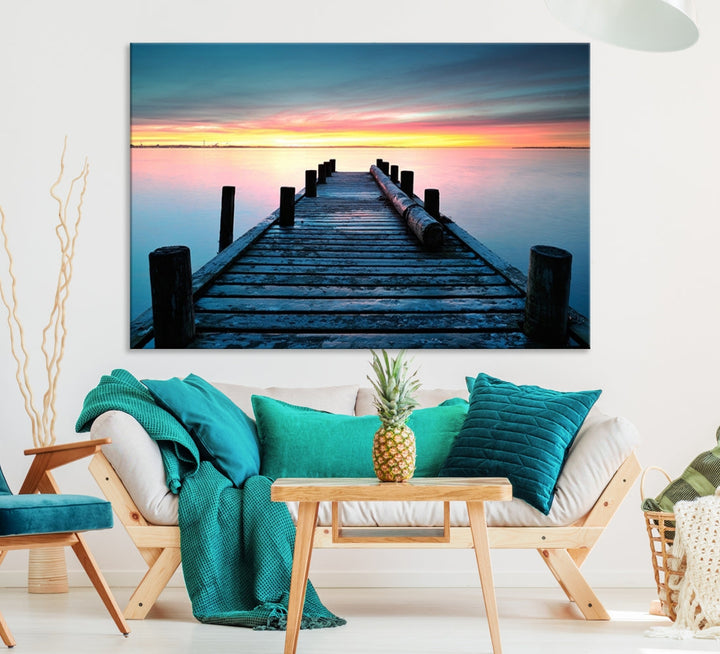 Pleasing Sunset from Vintage Wooden Pier on Canvas Extra Large Wall Art Giclee Print