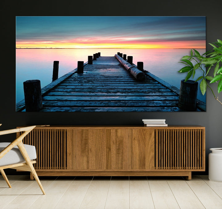 Pleasing Sunset from Vintage Wooden Pier on Canvas Extra Large Wall Art Giclee Print