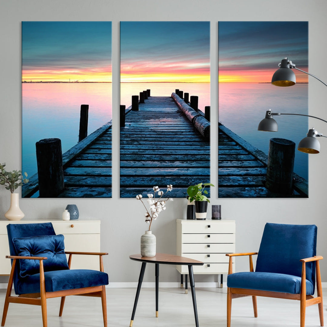 Pleasing Sunset from Vintage Wooden Pier on Canvas Extra Large Wall Art Giclee Print