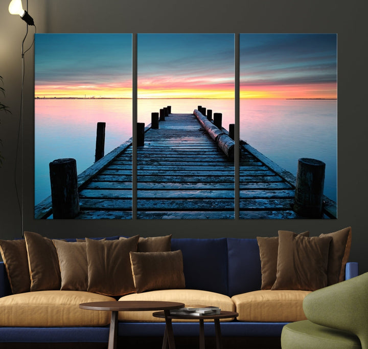 Pleasing Sunset from Vintage Wooden Pier on Canvas Extra Large Wall Art Giclee Print