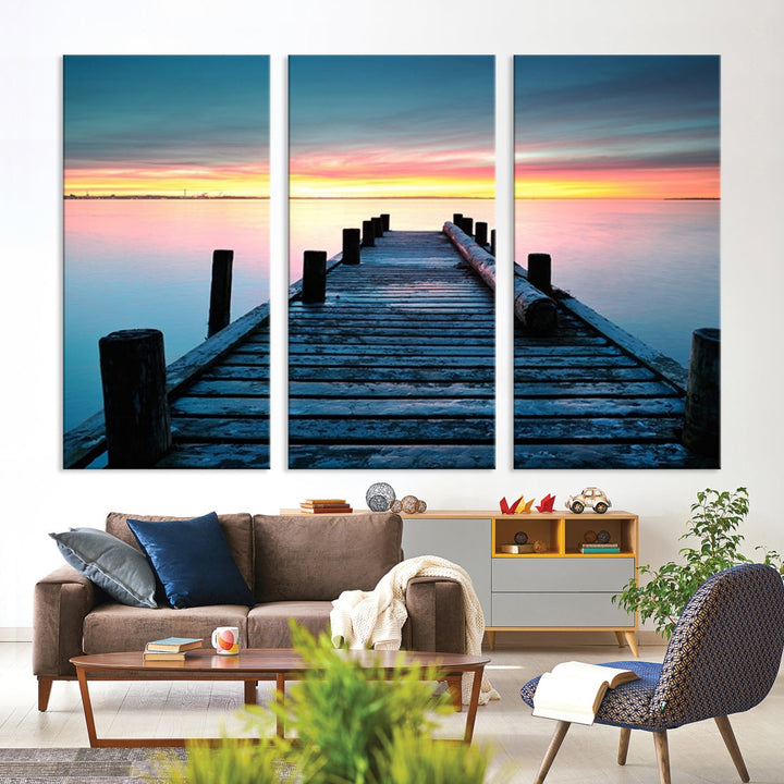 Pleasing Sunset from Vintage Wooden Pier on Canvas Extra Large Wall Art Giclee Print