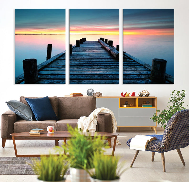 Pleasing Sunset from Vintage Wooden Pier on Canvas Extra Large Wall Art Giclee Print