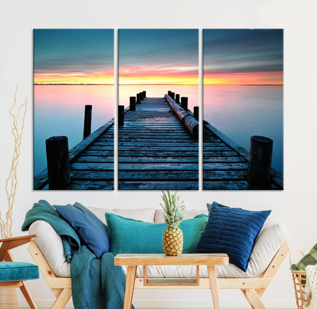 Pleasing Sunset from Vintage Wooden Pier on Canvas Extra Large Wall Art Giclee Print