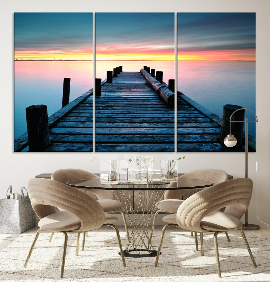 Pleasing Sunset from Vintage Wooden Pier on Canvas Extra Large Wall Art Giclee Print