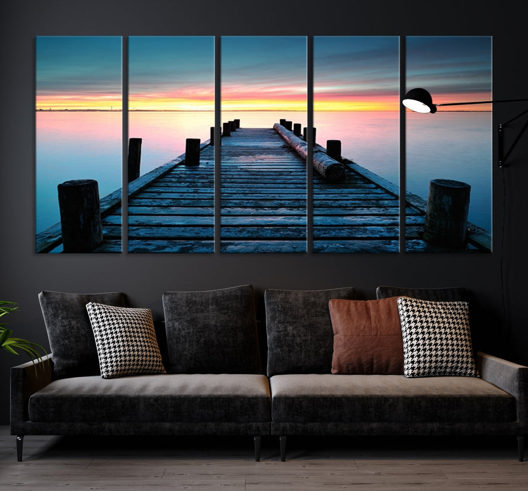 Pleasing Sunset from Vintage Wooden Pier on Canvas Extra Large Wall Art Giclee Print