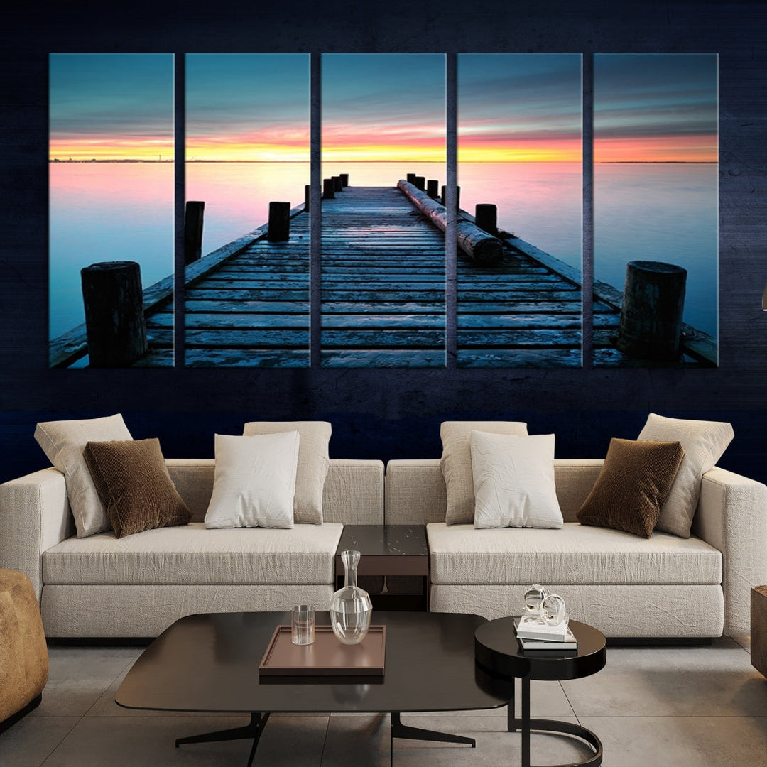 Pleasing Sunset from Vintage Wooden Pier on Canvas Extra Large Wall Art Giclee Print