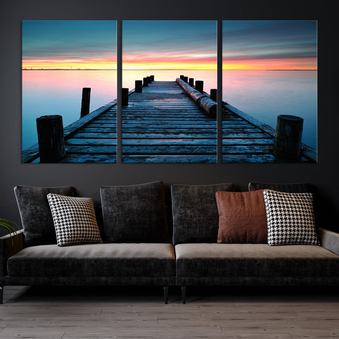 Pleasing Sunset from Vintage Wooden Pier on Canvas Extra Large Wall Art Giclee Print