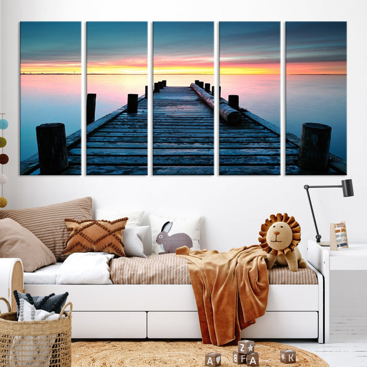 Pleasing Sunset from Vintage Wooden Pier on Canvas Extra Large Wall Art Giclee Print