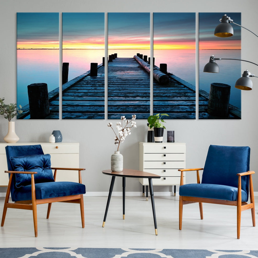 Pleasing Sunset from Vintage Wooden Pier on Canvas Extra Large Wall Art Giclee Print