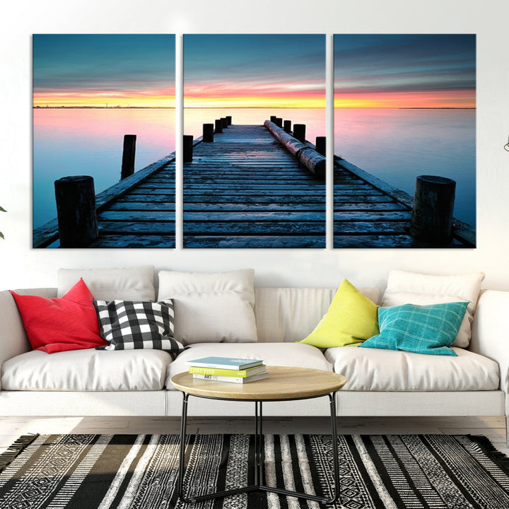 Pleasing Sunset from Vintage Wooden Pier on Canvas Extra Large Wall Art Giclee Print