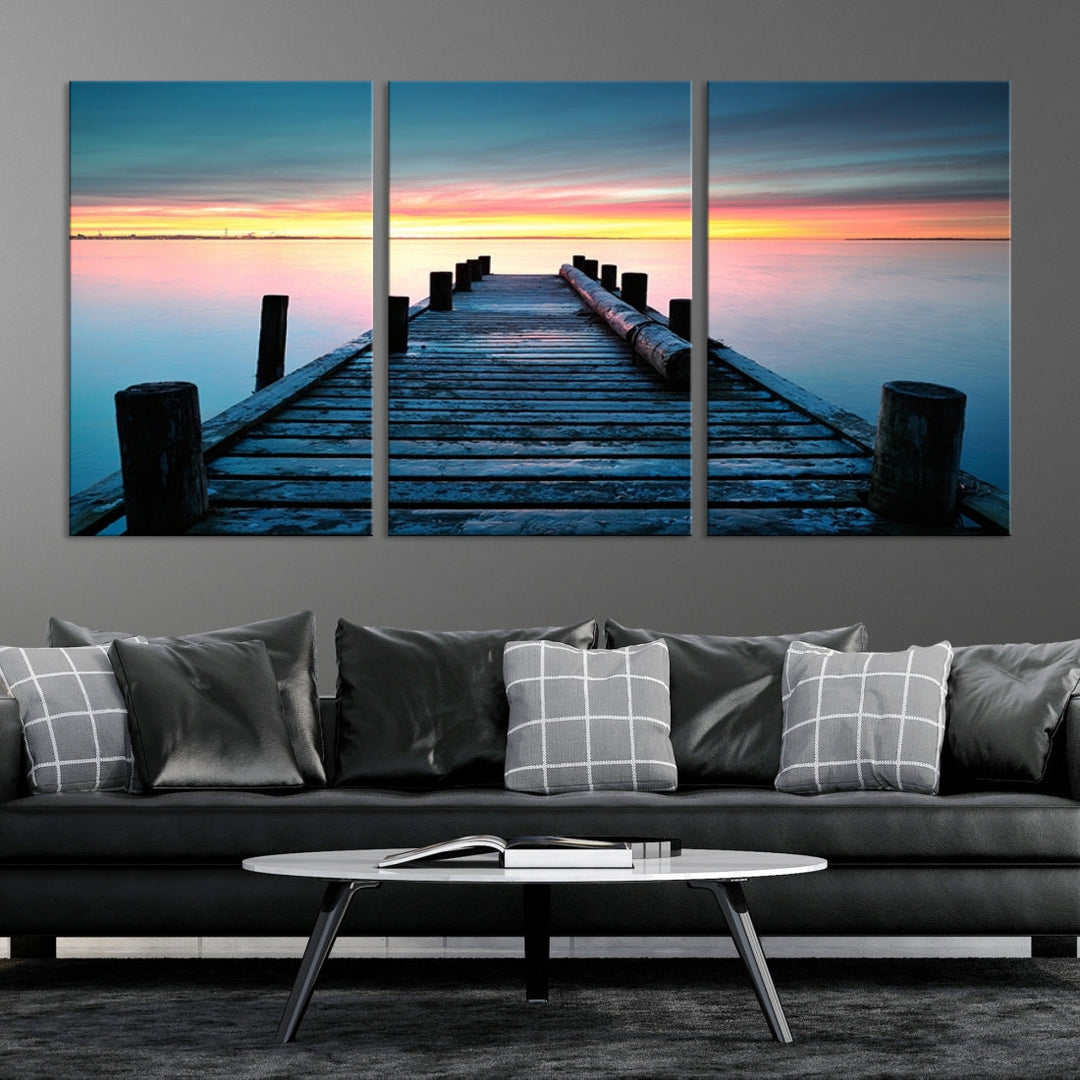 Pleasing Sunset from Vintage Wooden Pier on Canvas Extra Large Wall Art Giclee Print