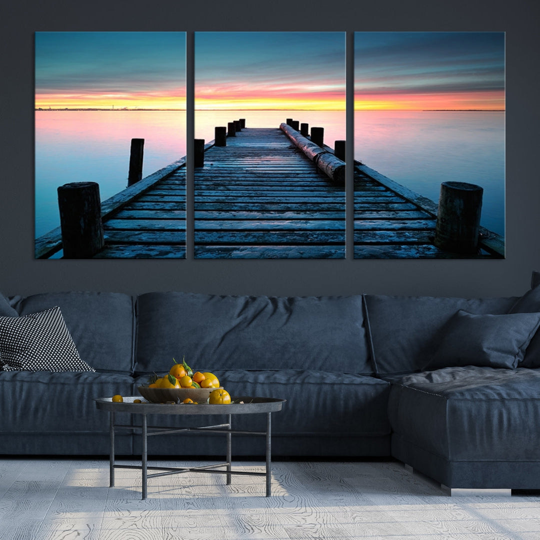 Pleasing Sunset from Vintage Wooden Pier on Canvas Extra Large Wall Art Giclee Print