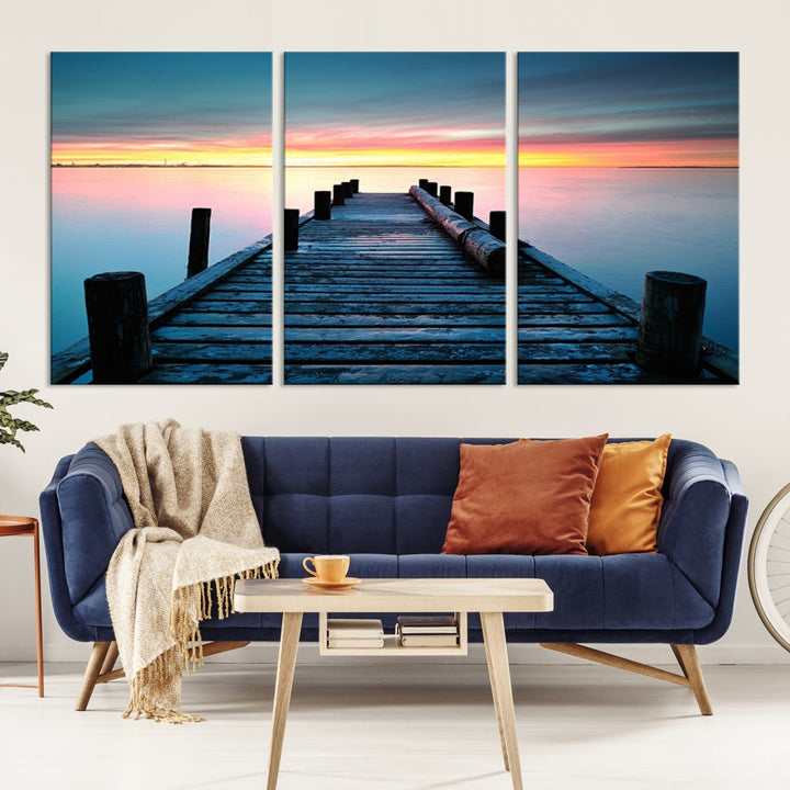 Pleasing Sunset from Vintage Wooden Pier on Canvas Extra Large Wall Art Giclee Print