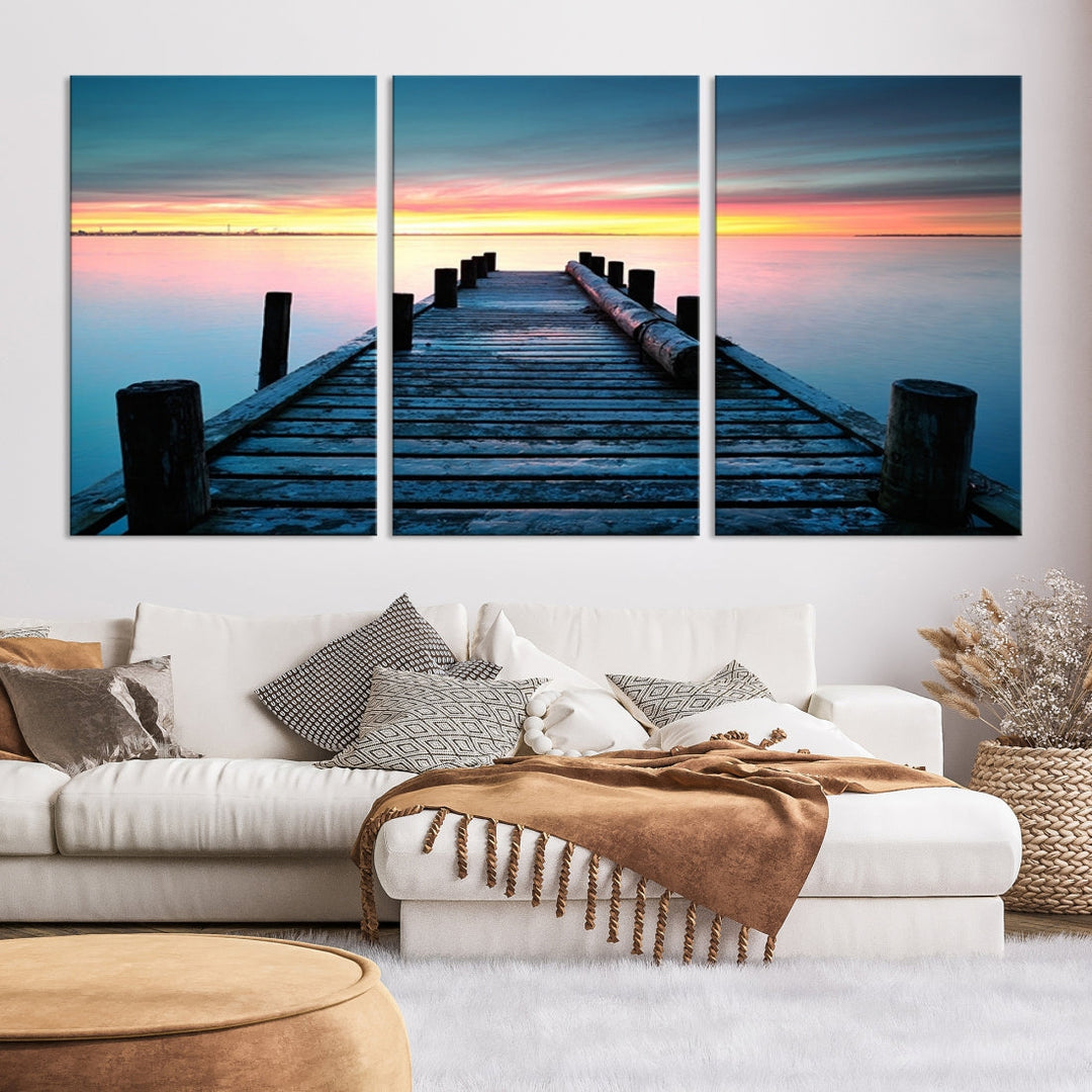 Pleasing Sunset from Vintage Wooden Pier on Canvas Extra Large Wall Art Giclee Print