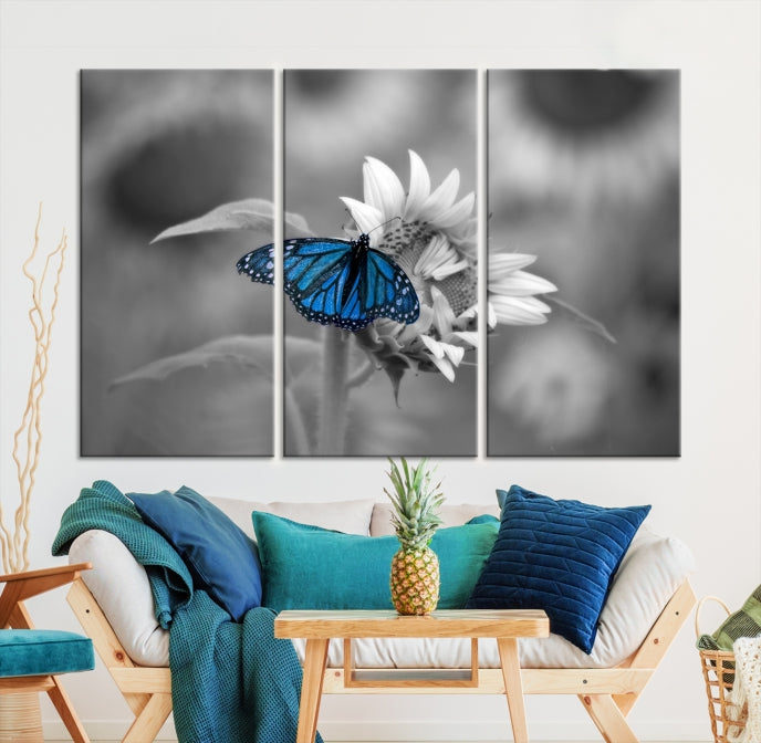 Pretty Blue Butterfly Black and White Canvas Wall Art Print Framed Ready to Hang