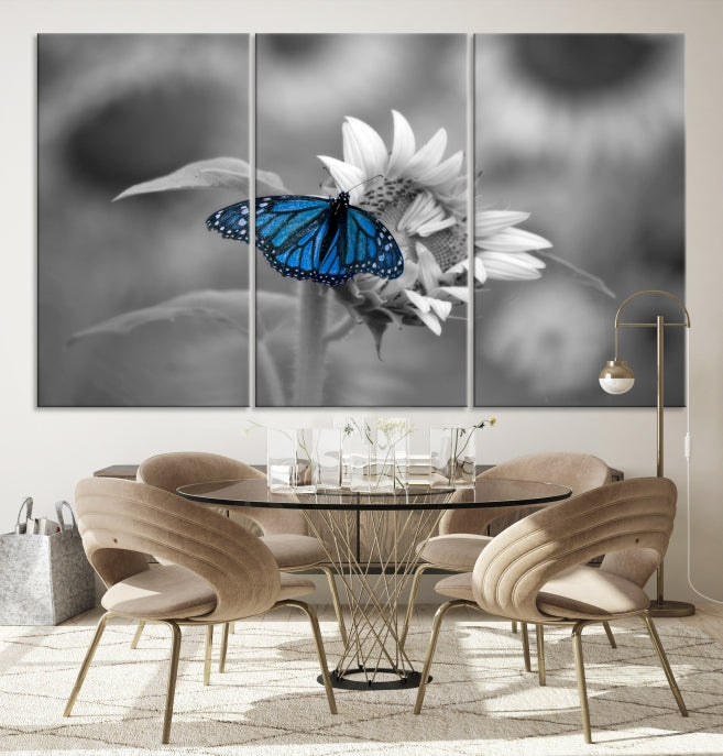 Pretty Blue Butterfly Black and White Canvas Wall Art Print Framed Ready to Hang