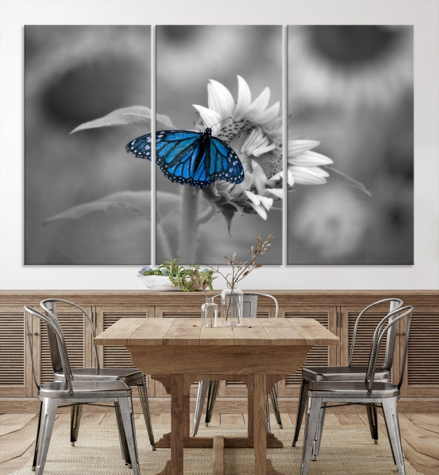 Pretty Blue Butterfly Black and White Canvas Wall Art Print Framed Ready to Hang