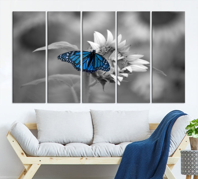 Pretty Blue Butterfly Black and White Canvas Wall Art Print Framed Ready to Hang