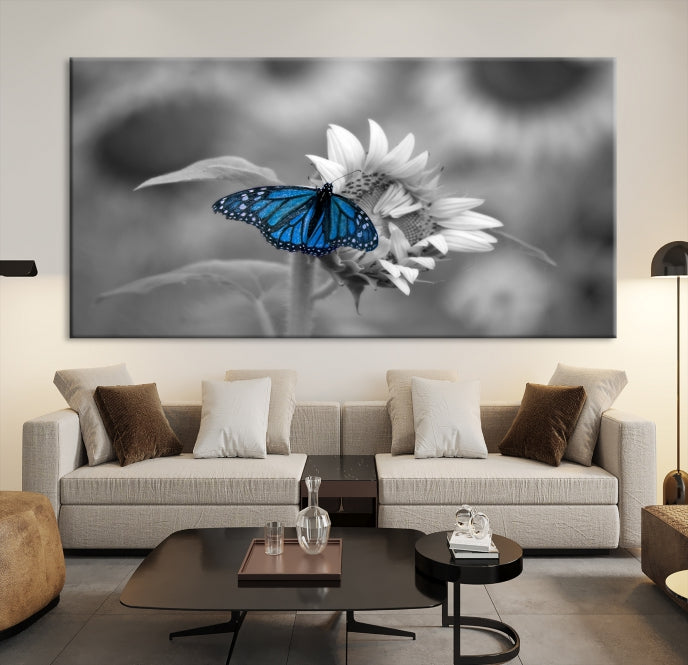 Pretty Blue Butterfly Black and White Canvas Wall Art Print Framed Ready to Hang